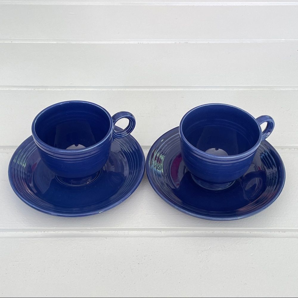 Fiesta Fiestaware Set of Vintage Original Cobalt Glaze Teacups and Saucers